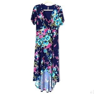 BEESON RIVER NAVY FLORAL MOCK WRAP HIGH LOW DRESS